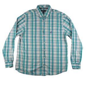 Johnnie O Shirt Mens XL Teal White Dress Shirt Plaid Button Down Long Sleeve EUC